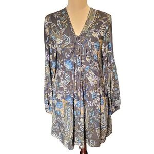 Free People Rain or Shine Paisley Mini Swing Dress M Balloon Sleeve Boho Pockets
